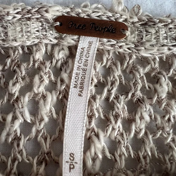 Free People Oversized Sweater Sz S Tan Red Striped Open Knit Crochet Boho Grunge - Picture 4 of 8